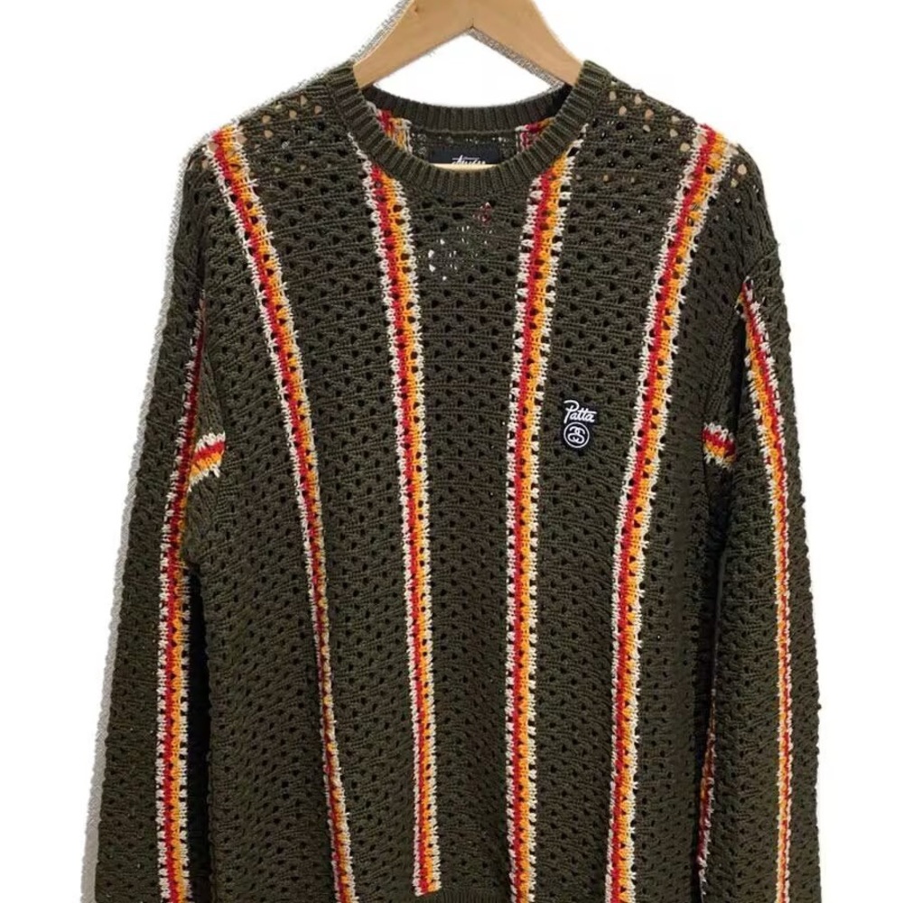 Stussy Men's Olive Sweater with Red and Yellow Stripes